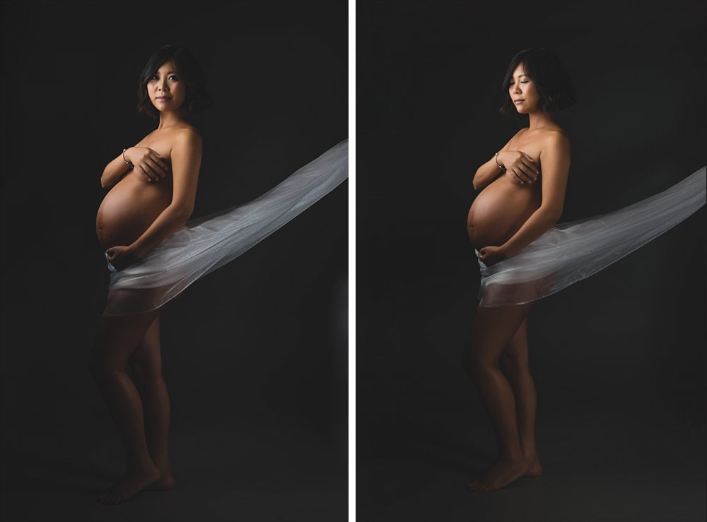 Pregnant woman low key with white sash with hands covering breasts in Sydney studio