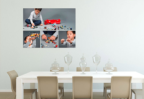 Canvas artwork of child playing with Lego above kitchen table