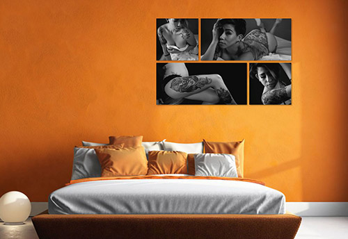 Canvas artwork of woman in Sydney boudoir photography session in orange bedroom