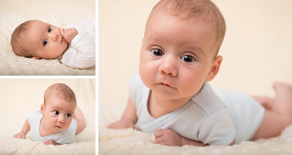 2 month old baby boy on a peach blanket in Sydney studio