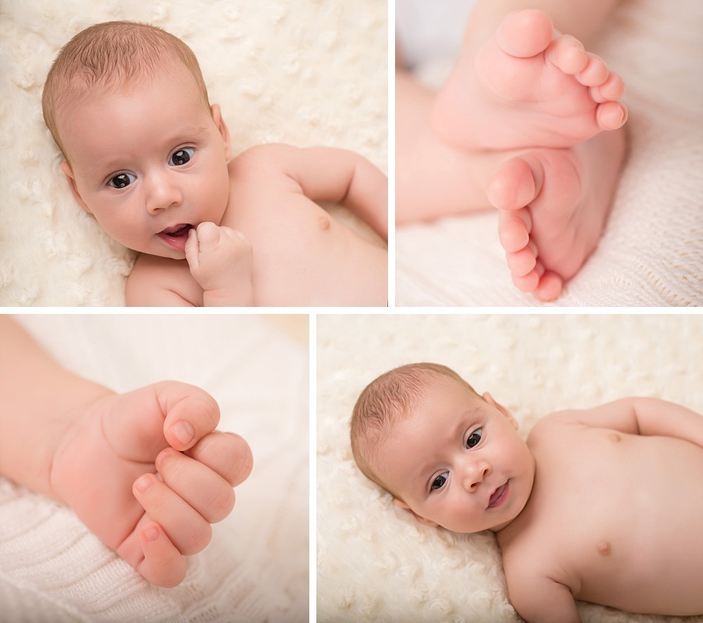 2 month old baby boy and hands and feet on a peach blanket in Sydney studio