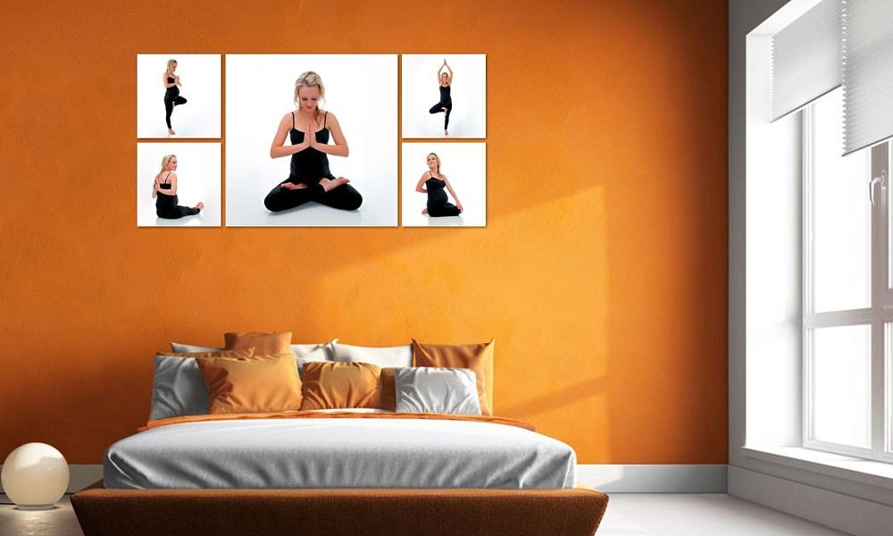 Artwork of pregnant woman in yoga poses in bedroom