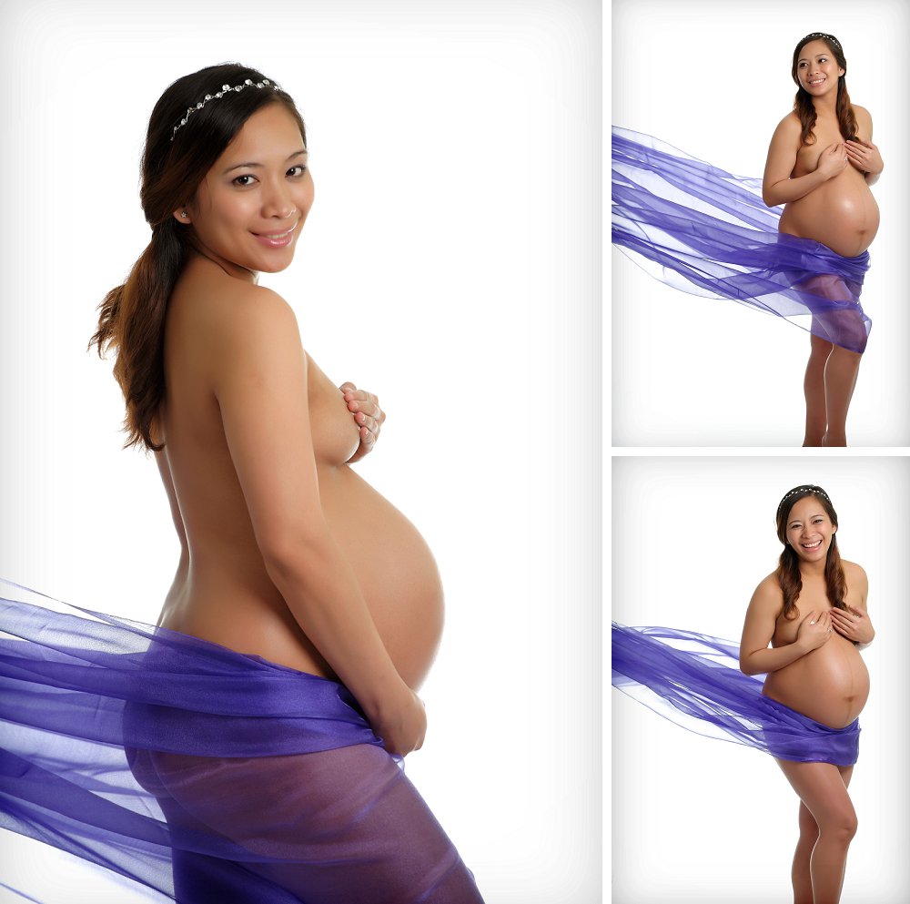 Pregnant women with purple sash and hands covering breasts