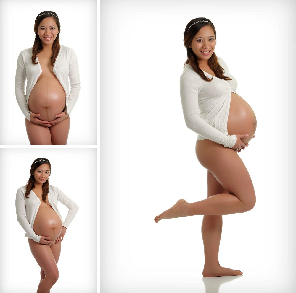 Pregnant woman in white cardigan in maternity session