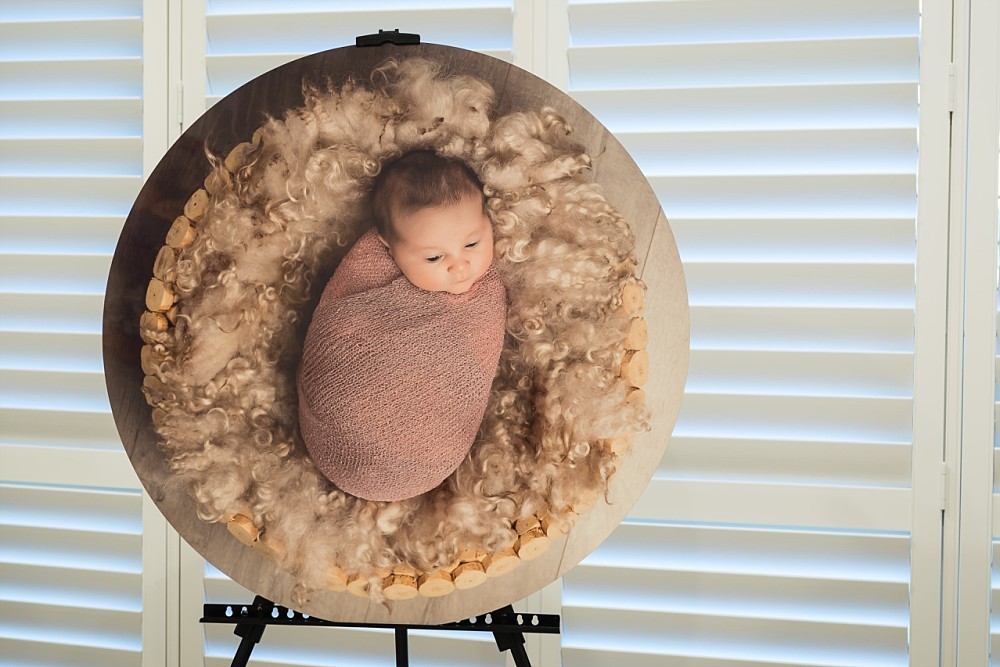 Circular metal artwork of baby in pink wrap in bucket in Sydney Coogee photography studio
