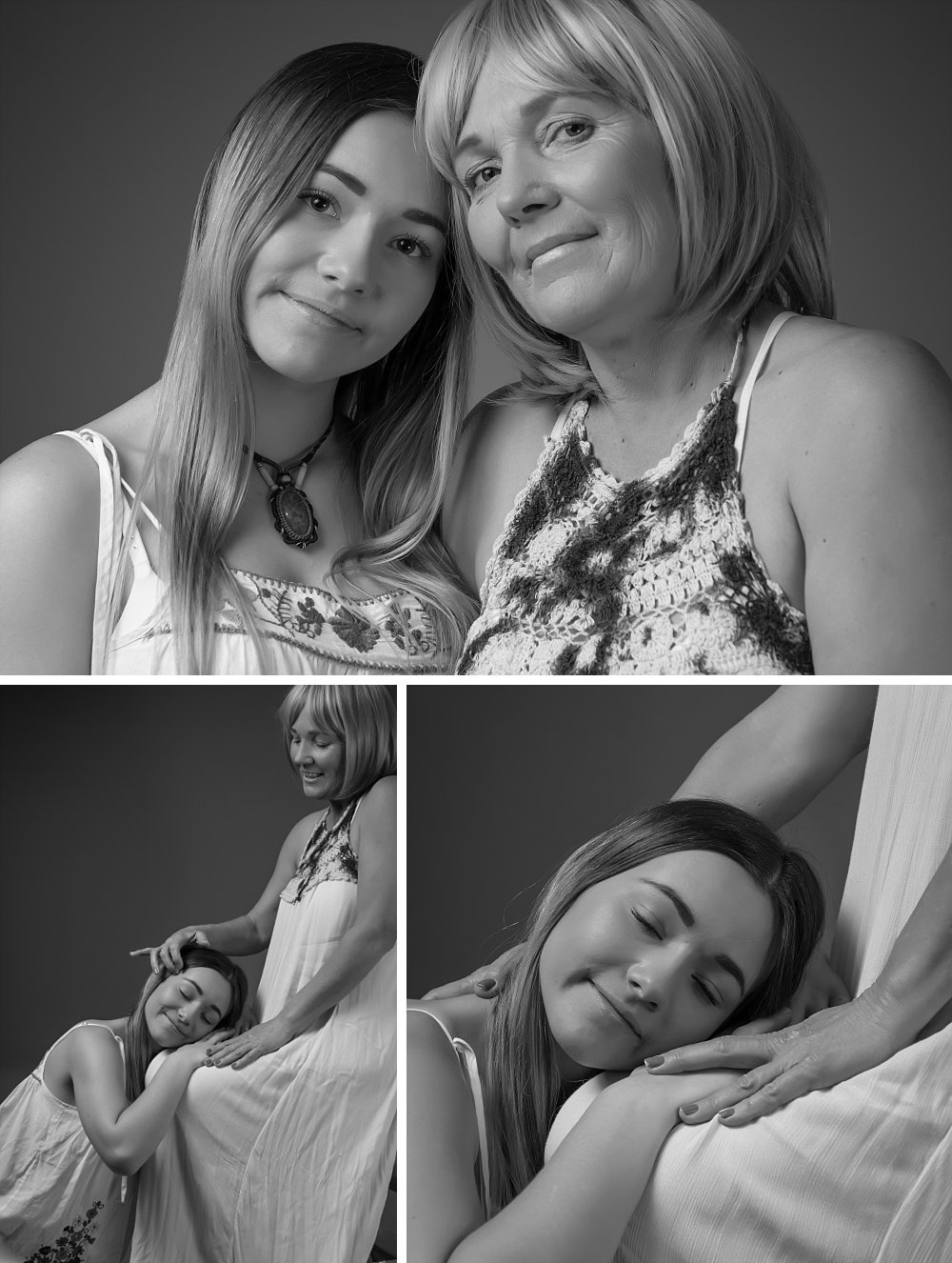 Mother and teenage daughter in studio portrait shoot, daughter with head on mum's lap