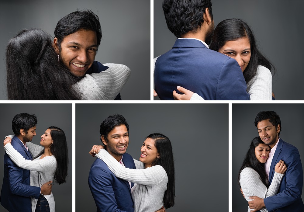 Young Indian couple smiling hugging in Sydney studio beloved photography
