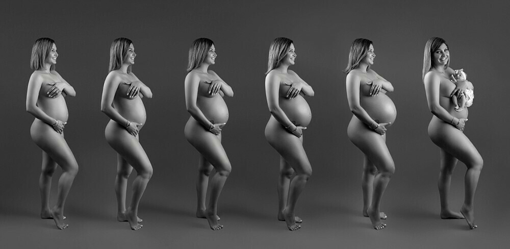 6 Series of a pregnant woman with a growing belly ending with holding a baby