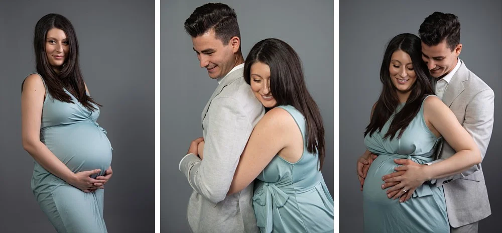 Young Caucasian couple in teal dress and grey jacket in Sydney pregnancy photography