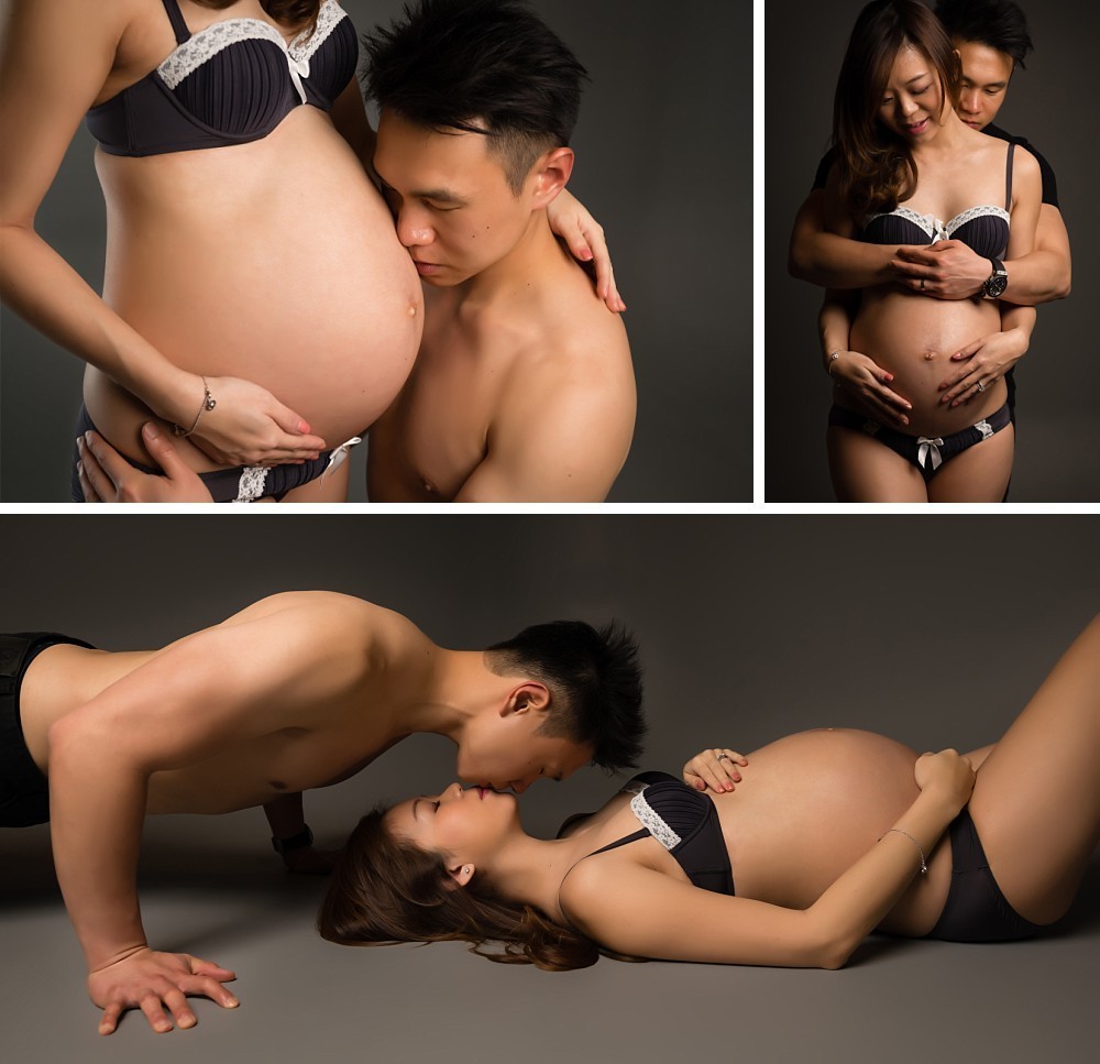 Asian couple in intimate maternity session in studio in Coogee Sydney