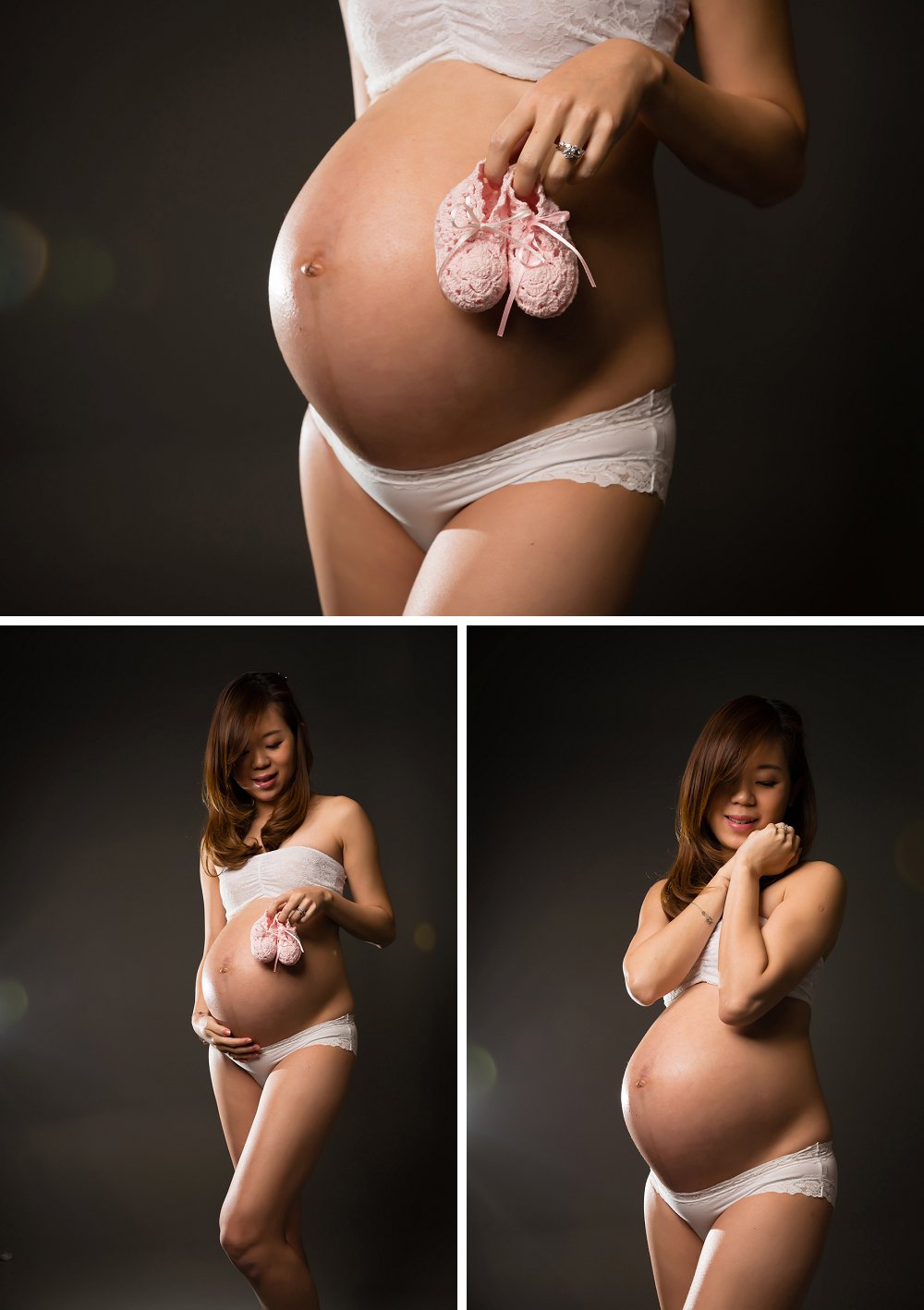 Pregnant Asian woman in lingerie in Sydney studio holding baby shoes